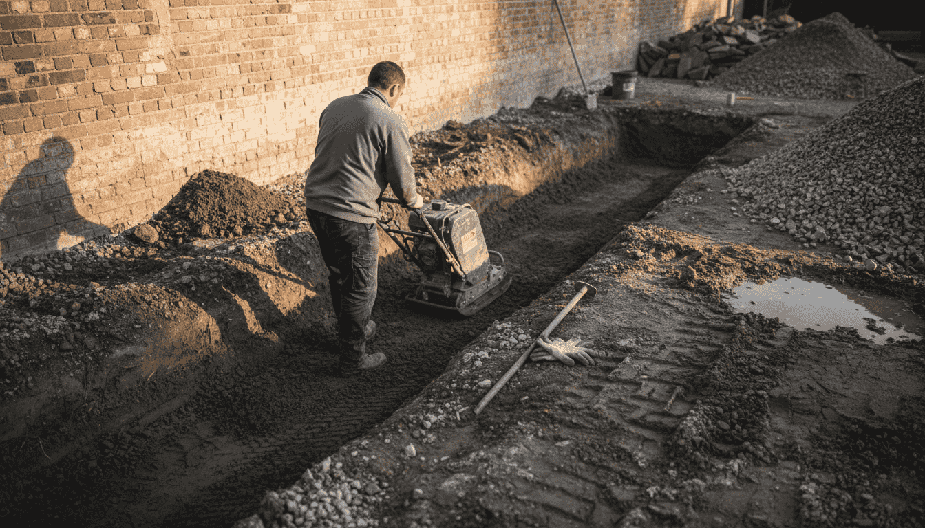 工人在用夯土机械加固挡土墙的基础，确保地基结实稳固。