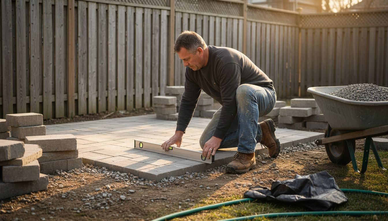 L’artisan vérifie que les dalles de la terrasse sont bien alignées.