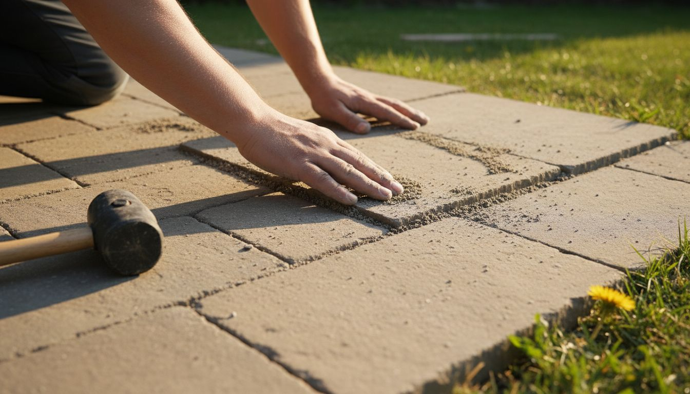 Des mains viennent étaler du sable polymère entre les dalles pour assurer une finition impeccable.