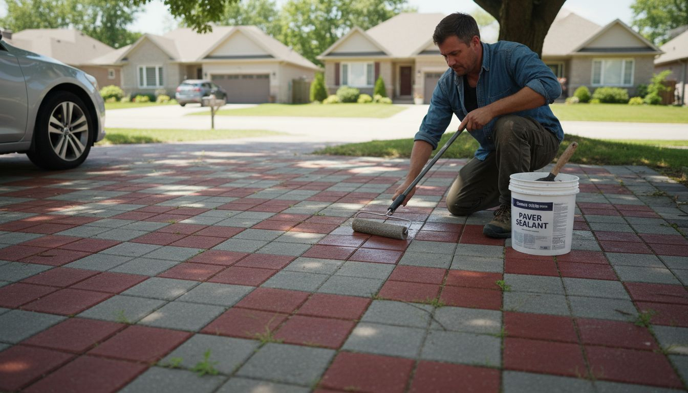 Homeowner sealing pavers on suburban driveway