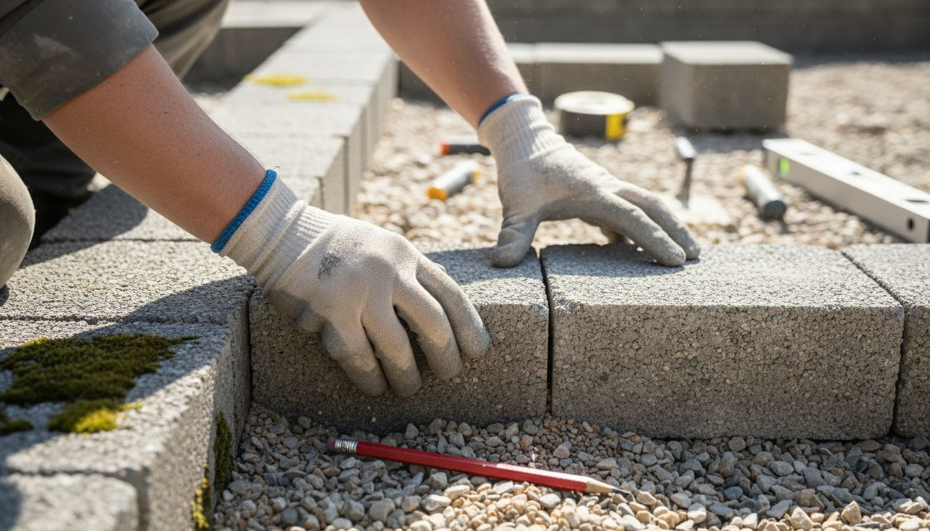 Hands installing interlocking retaining wall blocks