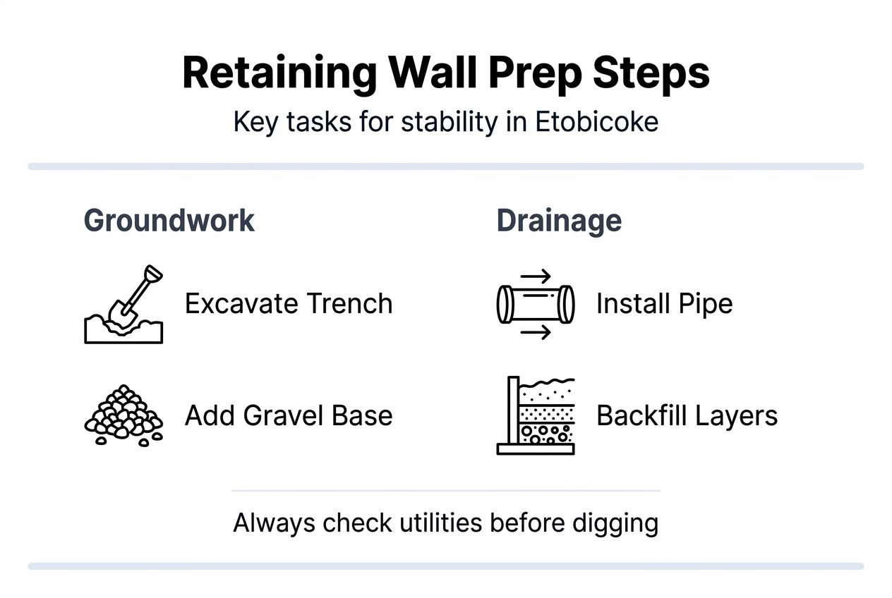 Infographic showing retaining wall prep steps and drainage