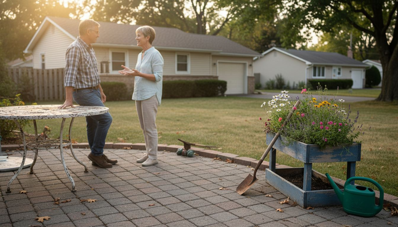 Des propriétaires échangent tranquillement sur leur terrasse en pavés imbriqués.