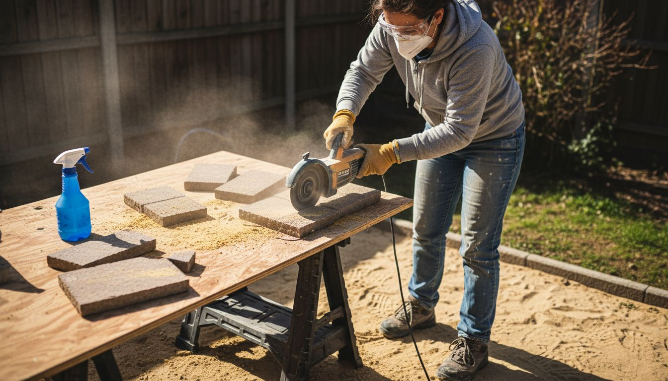一位女士戴着护目镜正在切割地砖，操作时十分注意安全。