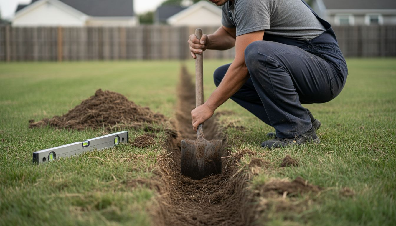 Réalisation de tranchées pour installer une clôture en pavés autobloquants