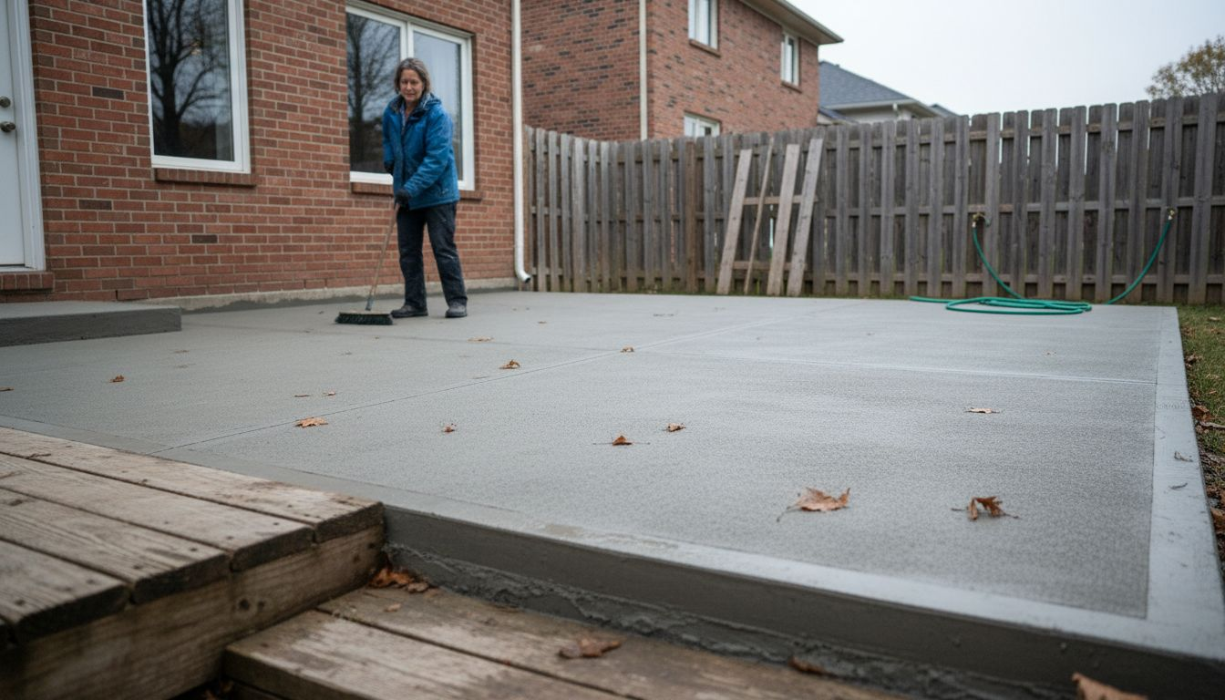 屋主在新铺好的水泥露台上细心打扫，准备迎接美好的生活。