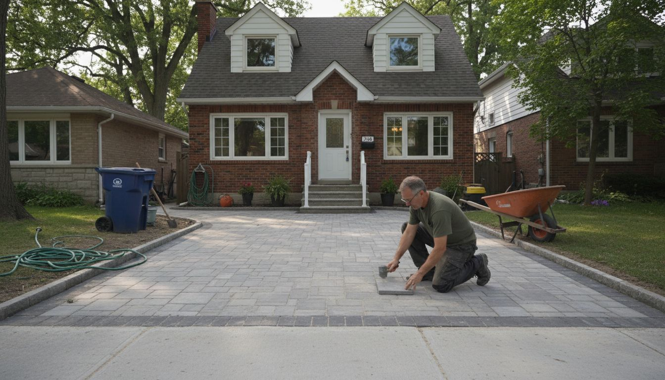 Homeowner inspecting new interlocking driveway Toronto