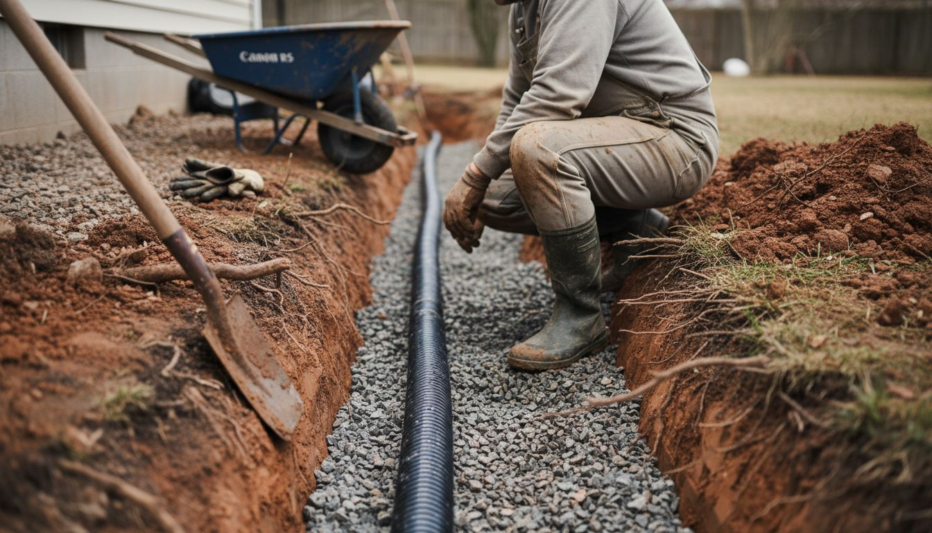 有施工人员正在房屋旁边铺设法式排水沟，帮助排除多余的积水，保障居住环境安全。