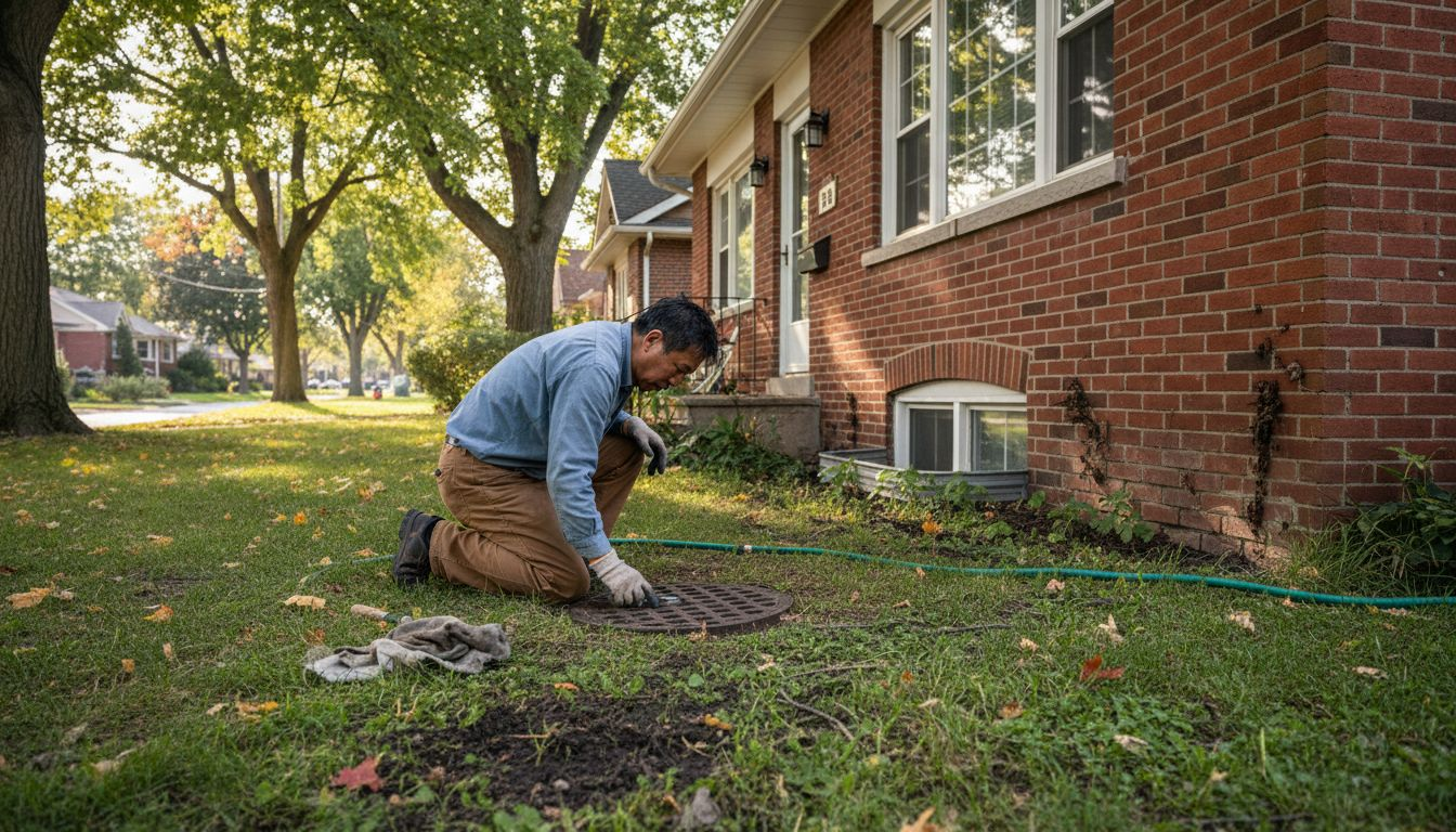 房主正在自家砖房旁边检查排水情况。