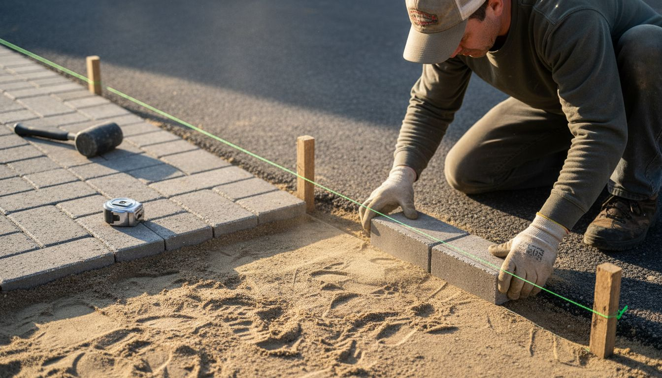 Aligning pavers with string and tools on driveway