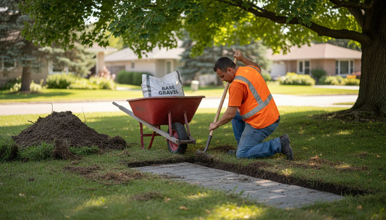 Contractor excavating ground for paver walkway