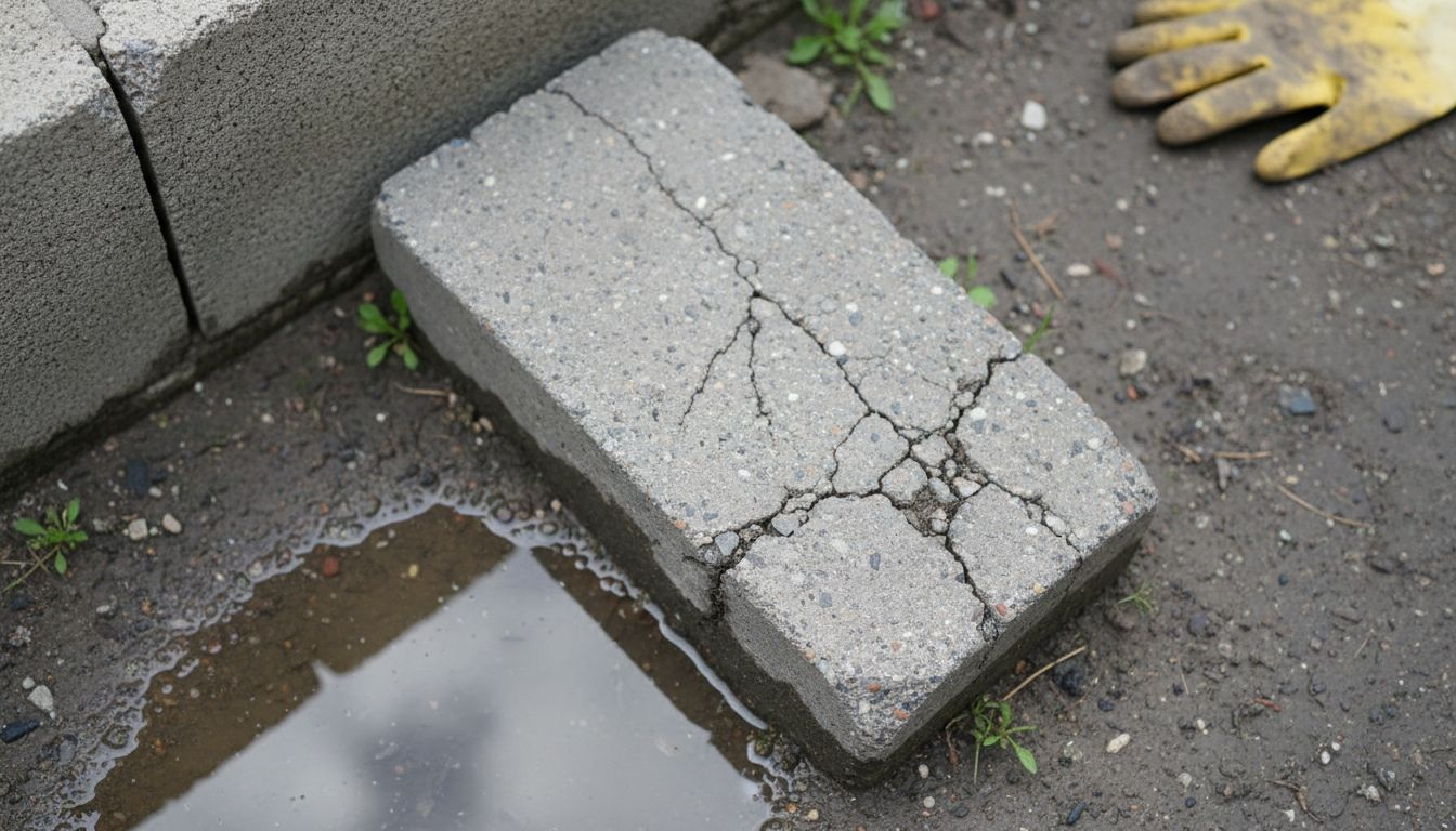 户外拍摄的混凝土砖，因经历多次冻融循环，表面出现明显损伤和裂纹，展现了恶劣天气对建筑材料的影响。