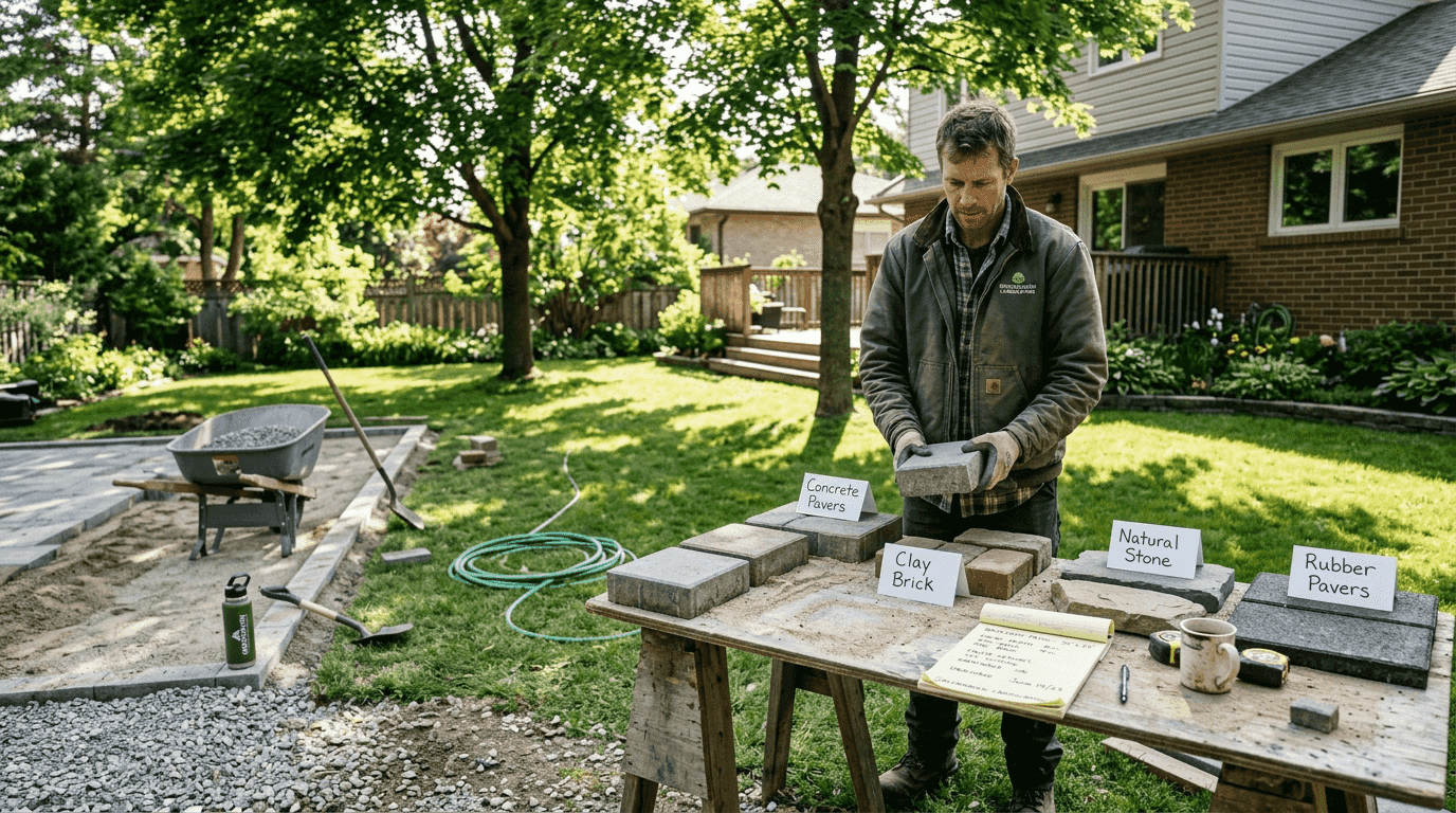 Contractor comparing outdoor interlocking paver types
