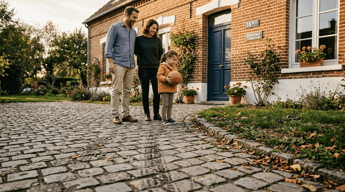 Une famille pose devant leur maison, dont l’entrée est aménagée avec une allée pavée.