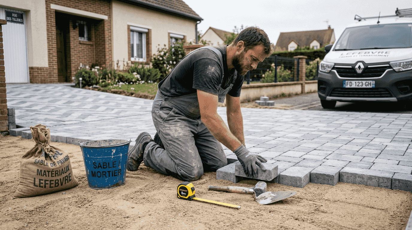 Un artisan en train de poser des pavés sur une allée de jardin