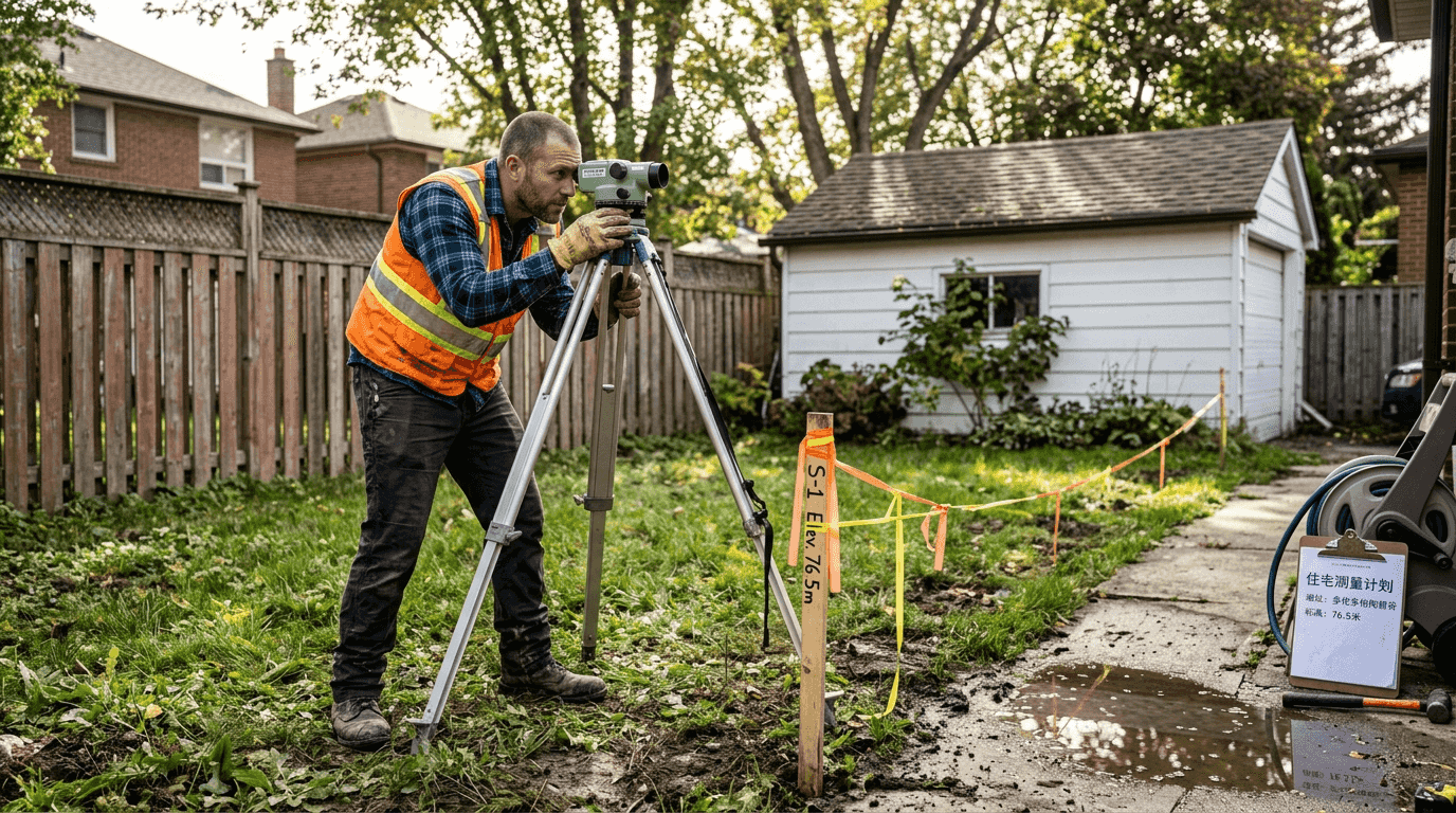 施工人员正在后院勘测排水高程，确保排水系统设计合理，避免积水问题。