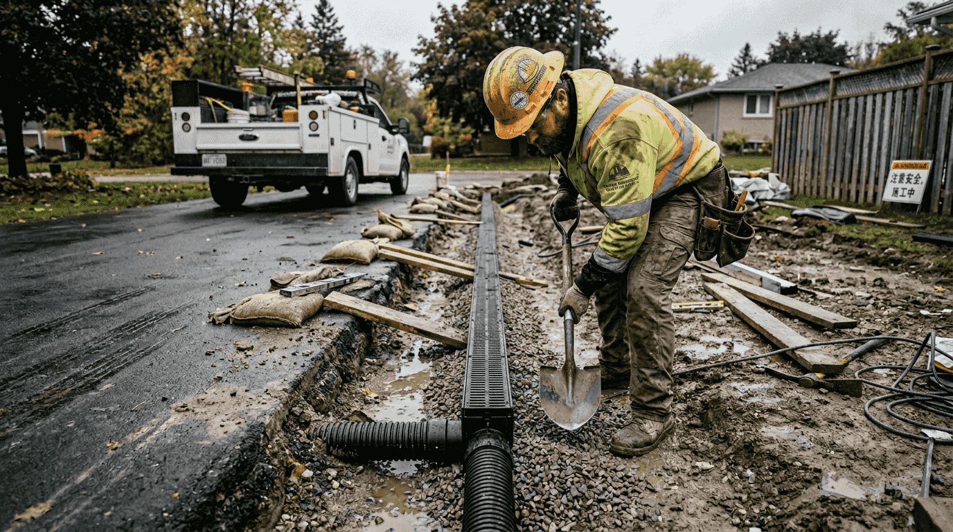 工人在现场进行线性排水沟的铺设工作