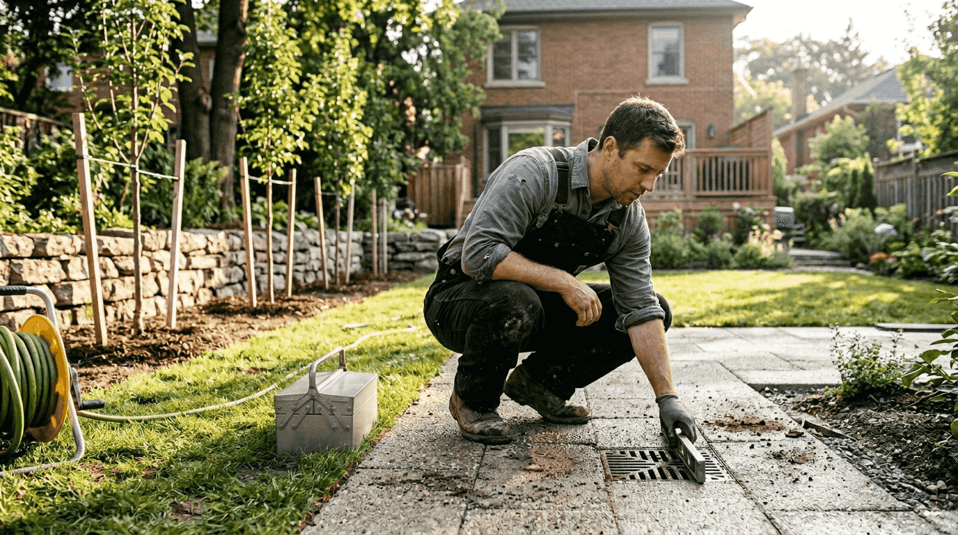 园林设计师正在对住宅区的户外排水系统进行检查。