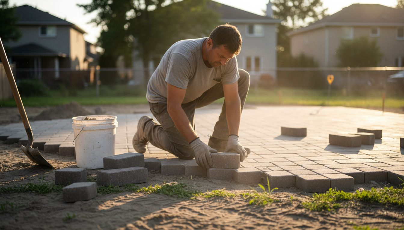 Un artisan installe des pavés autobloquants sur une terrasse extérieure.