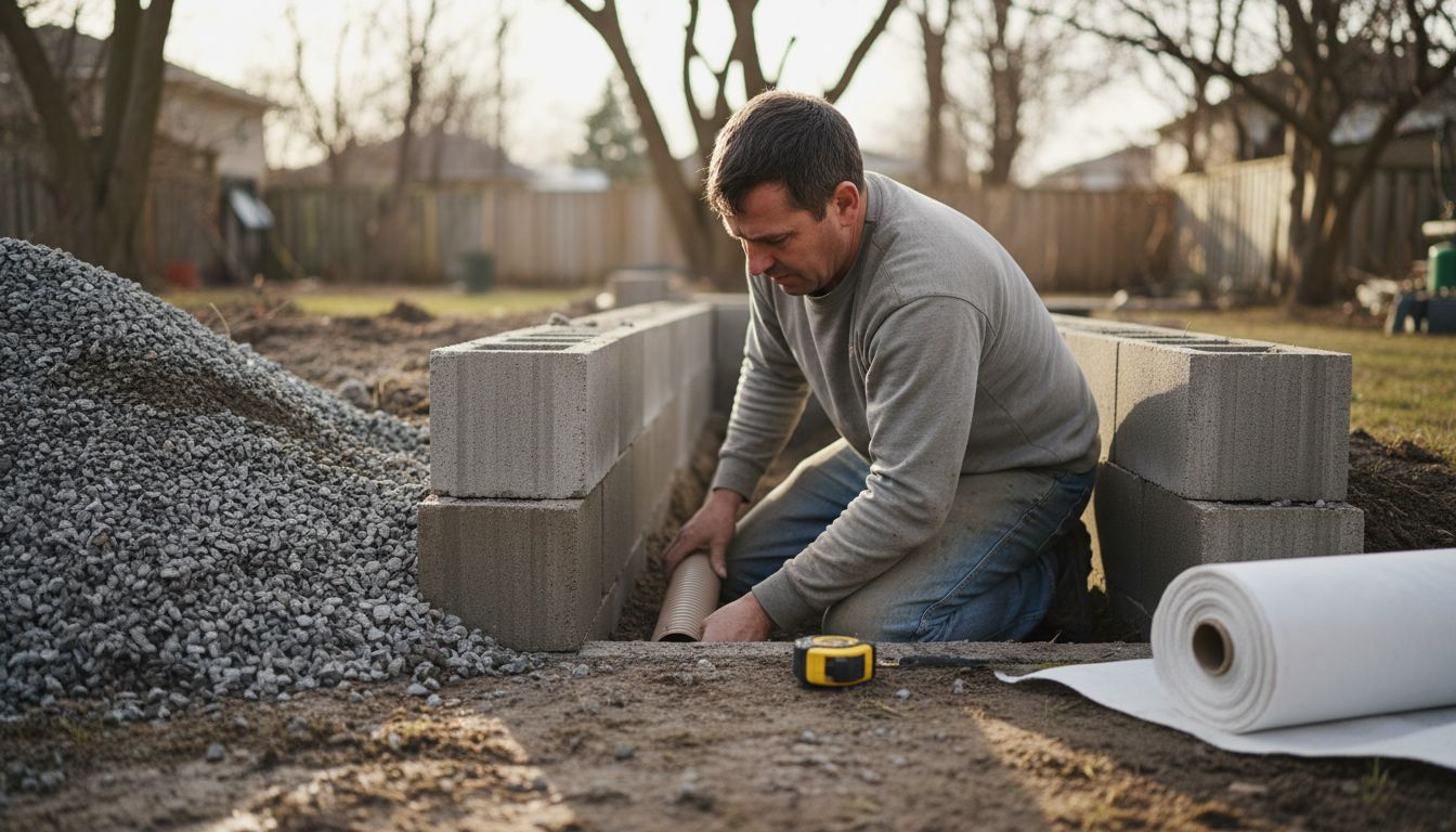 Contractor adds drainage pipe behind retaining wall