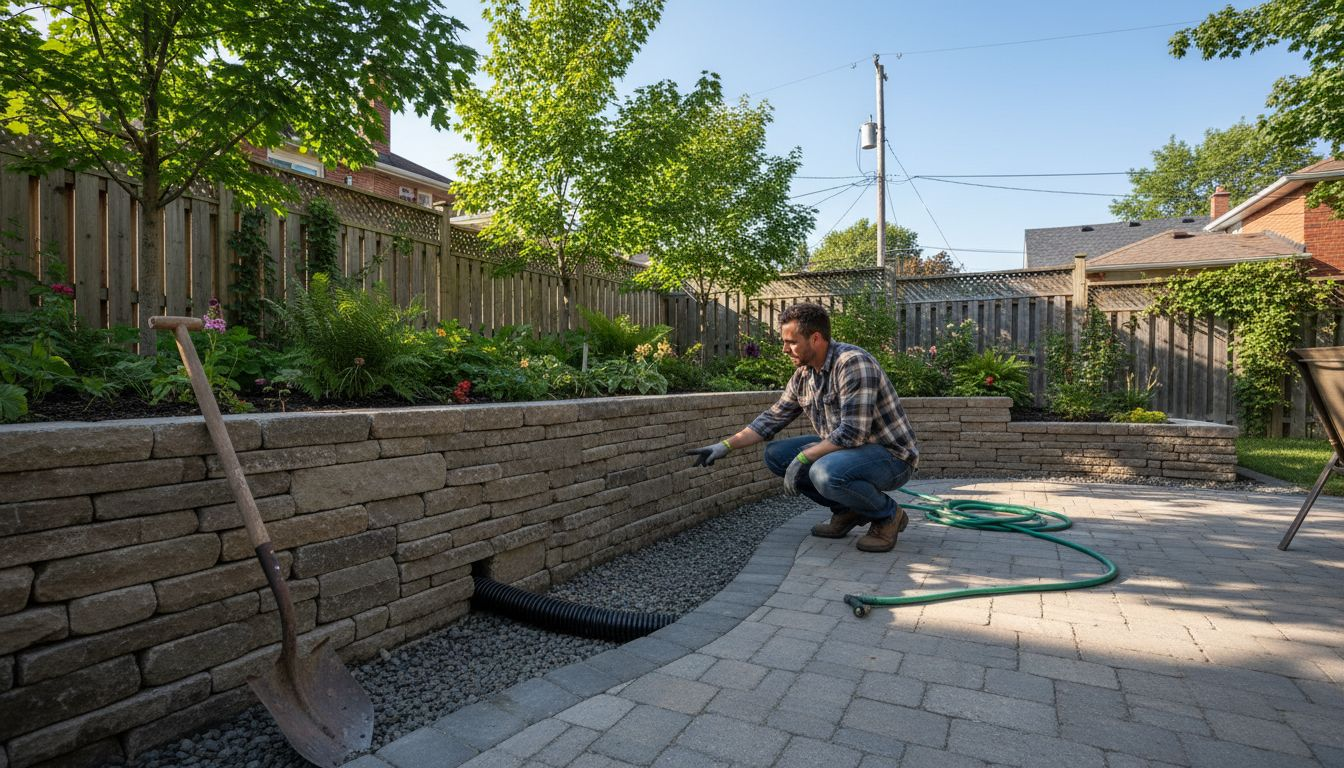 Homeowner inspects stone retaining wall in backyard