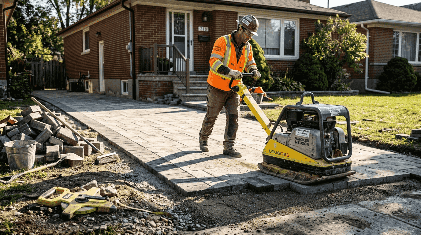 Un ouvrier procède au compactage de pavés autobloquants devant une maison.