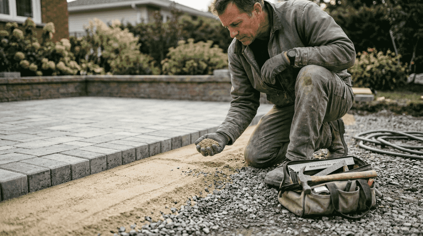 Contrôle des granulats effectué avant la pose des pavés autobloquants