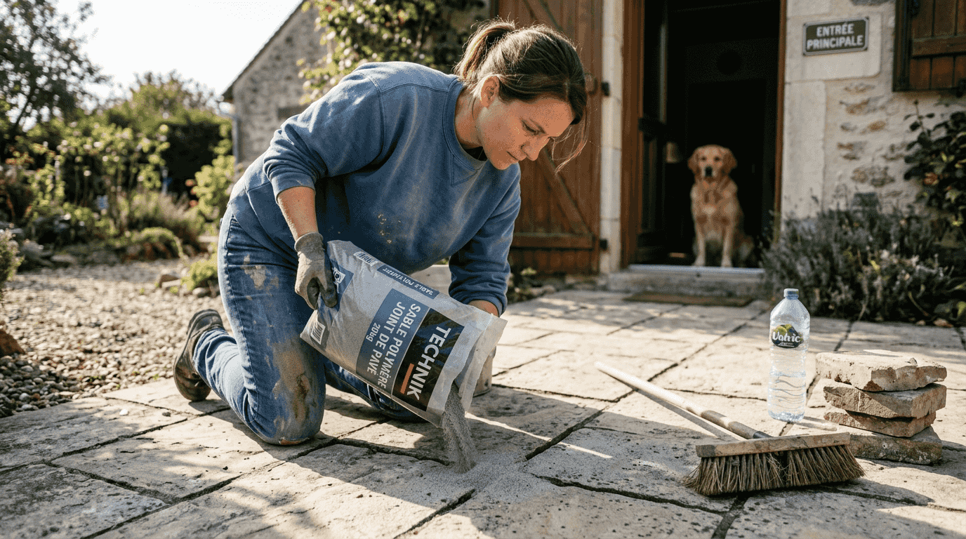 Une personne en train de remplir les joints entre les pavés sur une terrasse.