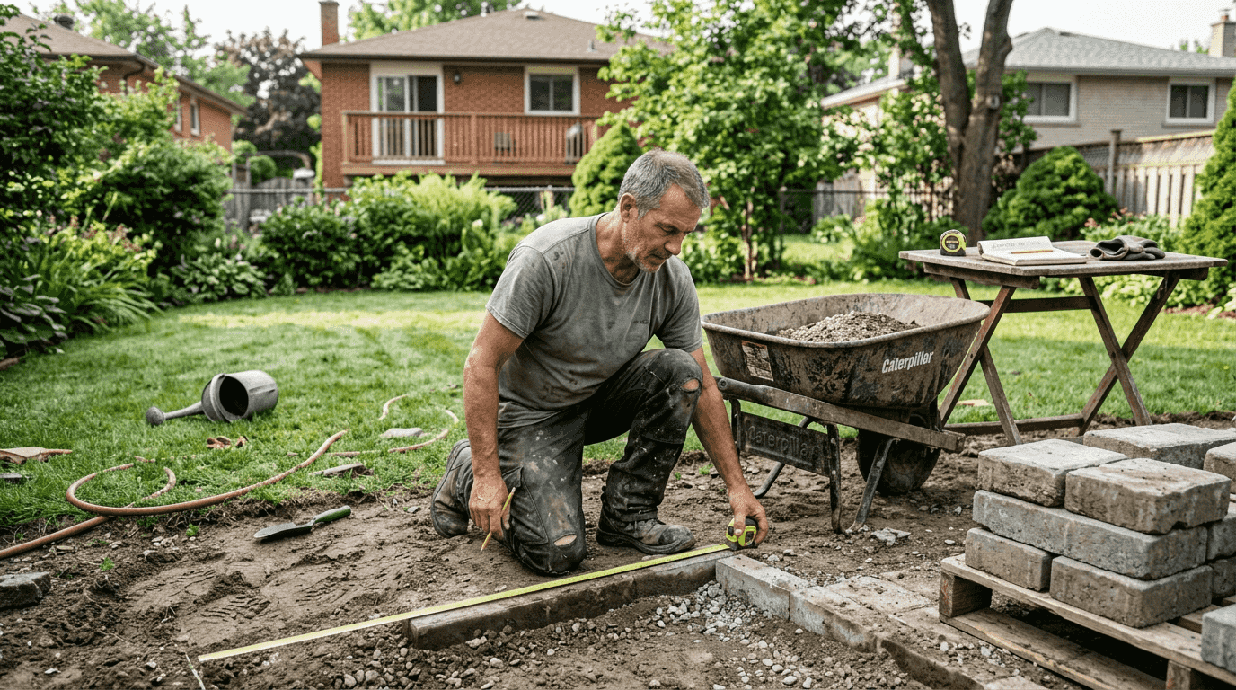 Un ouvrier prend les mesures sur un chantier pour l’aménagement d’une terrasse en pavés extérieurs.