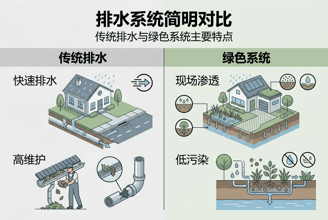 传统排水系统与绿色排水系统要素对比一览