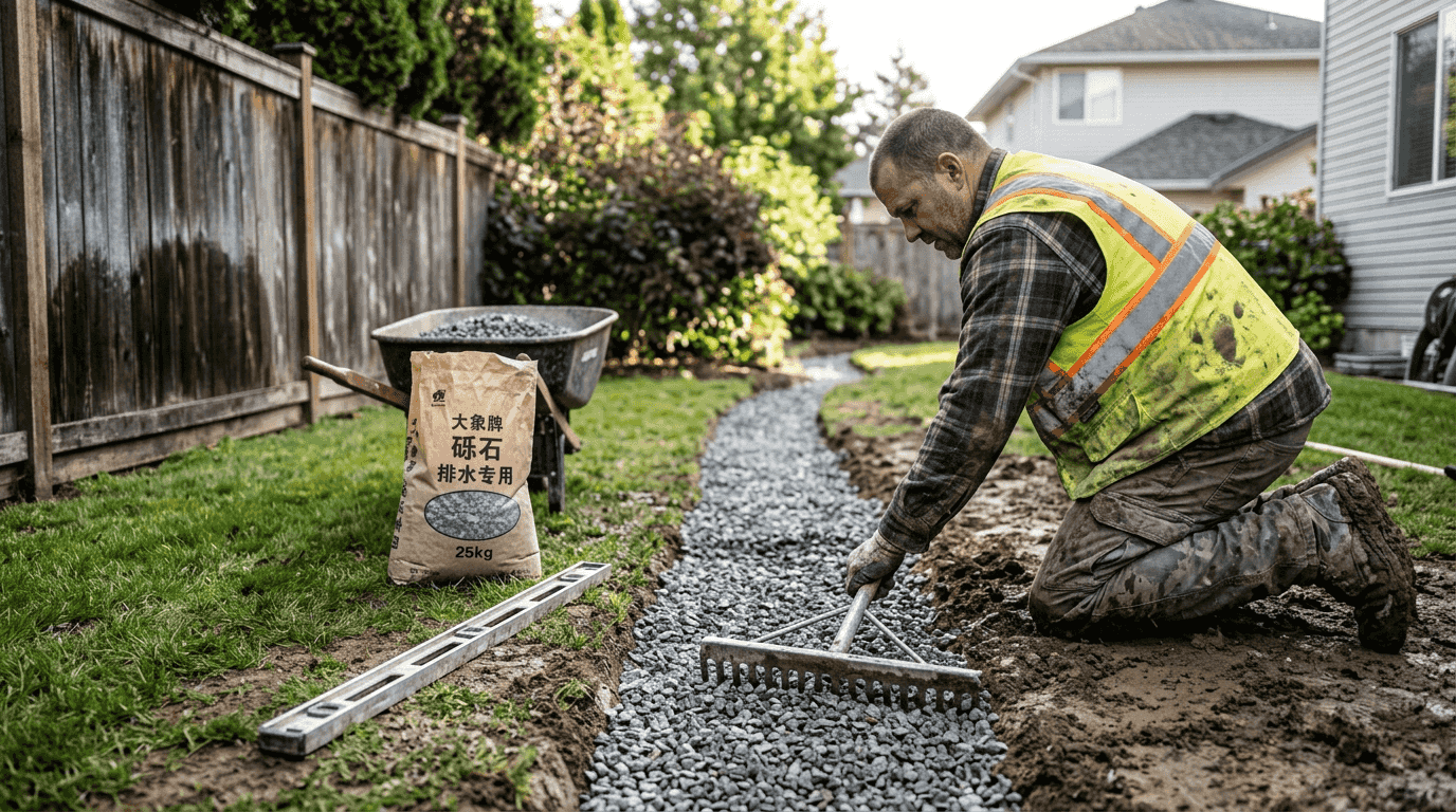 工人正在小区后院整理地面，修建排水坡道，方便雨水顺利排出。