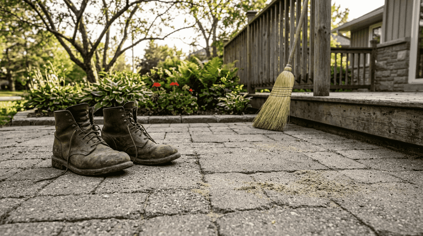 Terrasse en pavés autobloquants posés sur lit de sable, idéale pour profiter du jardin en bottes, avec simplement un balai pour l’entretien.