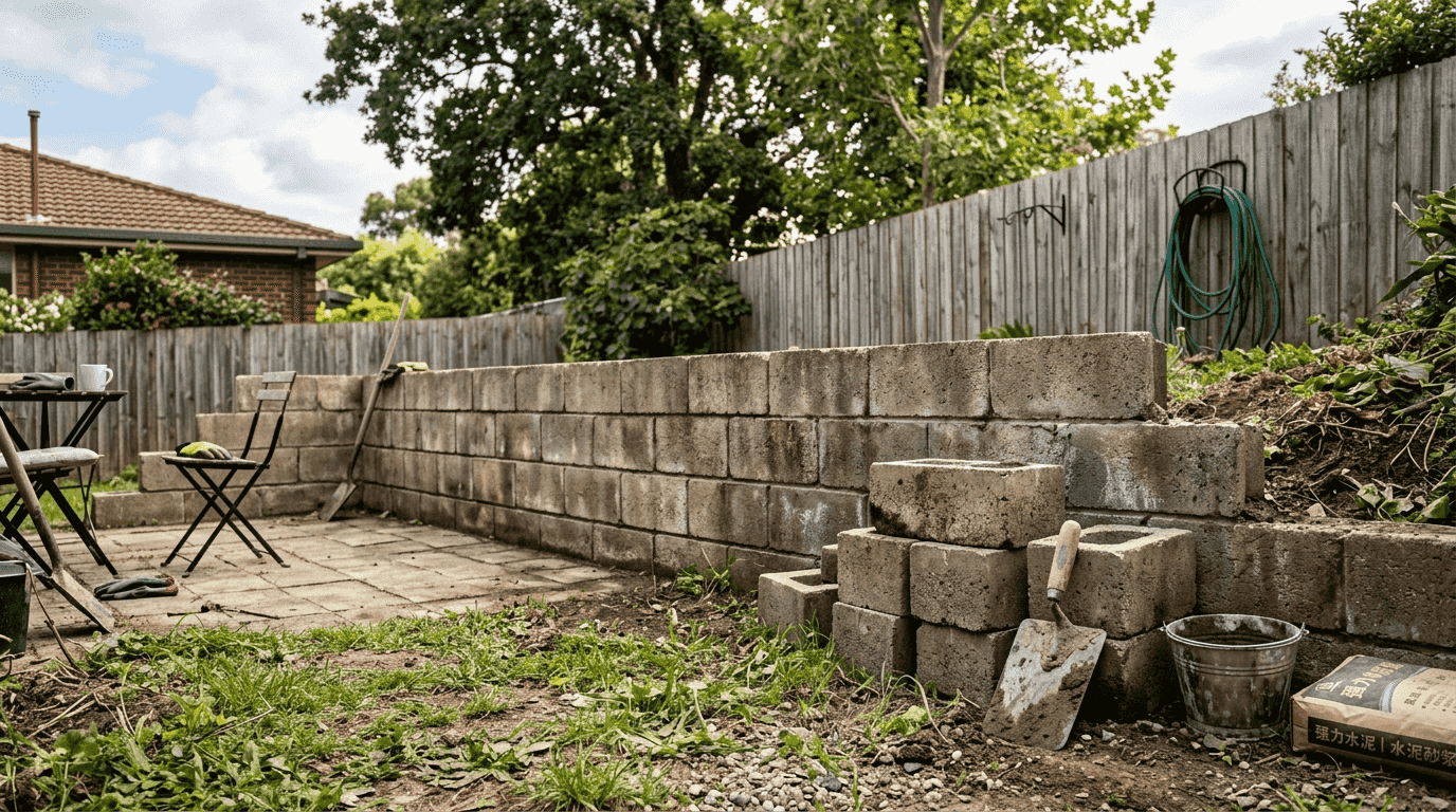 在露台旁边，用混凝土砌块搭建了一道挡土墙，旁边还放着一些施工工具。