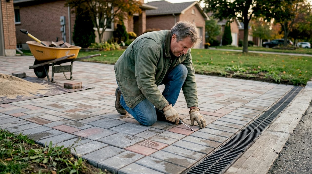 房主正在仔细检查自家拼接式车道上的缝隙情况。