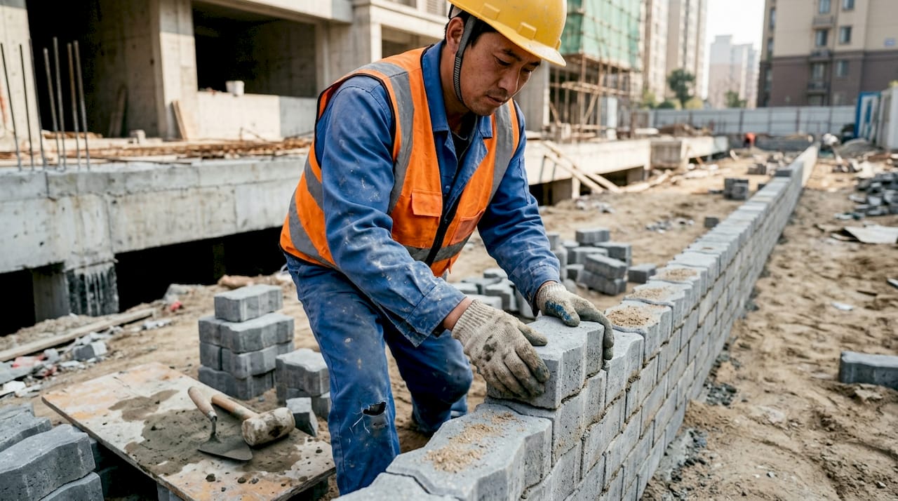 工人们正在现场仔细铺设互锁砖,每一块都精准嵌入,确保整体美观牢固。