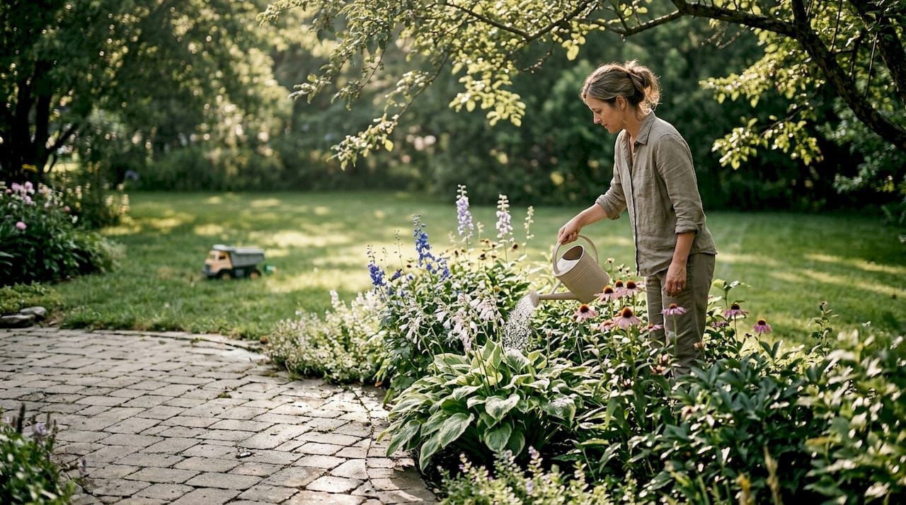 Une terrasse en pavés avec une intégration harmonieuse de la végétation pour une transition naturelle entre l’espace aménagé et le jardin.
