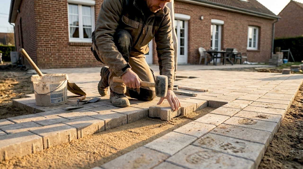Un professionnel installe des pavés autobloquants pour créer une terrasse extérieure