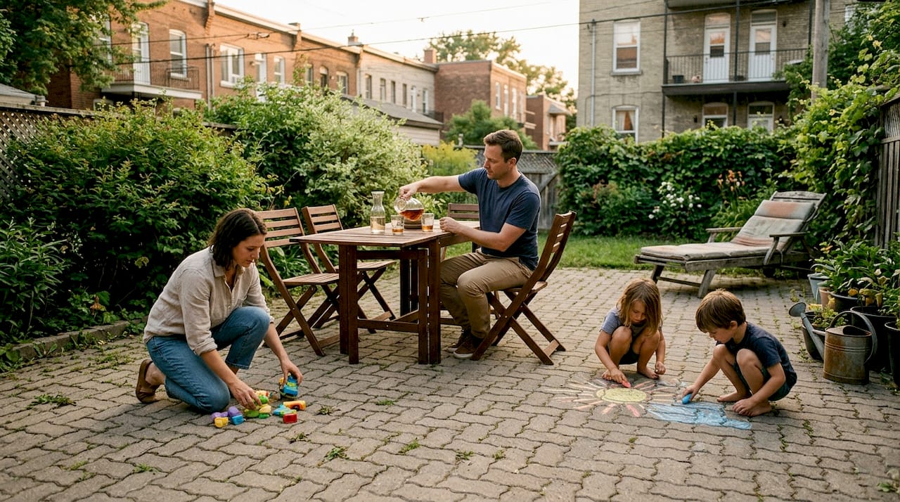 Moment chaleureux en famille sur la terrasse en pavés, ambiance conviviale garantie.