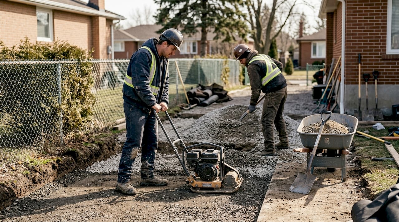 工人们正在对车道基础的碎石进行夯实和找平，为后续铺设做好准备。
