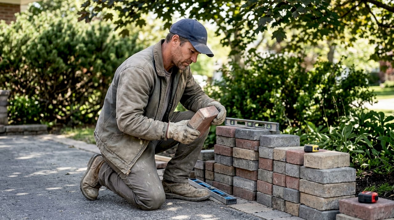 园林师正在仔细检查庭院里的连锁砖铺设情况。