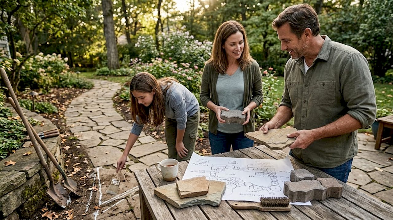 家庭在挑选庭院小路铺装材料时的情景