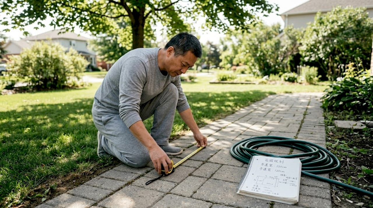 一名男子正在自家院子里测量步道的宽度