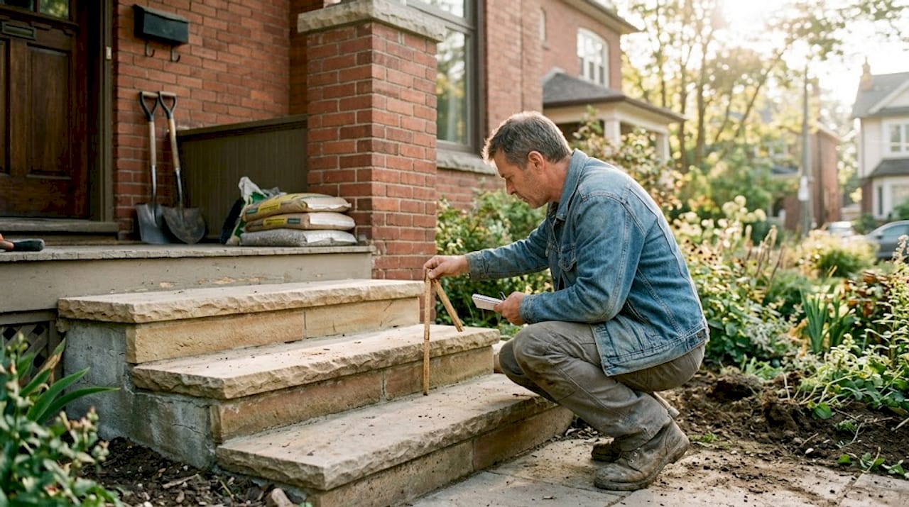 一名工人在多伦多一处住宅门前仔细测量户外台阶的尺寸。