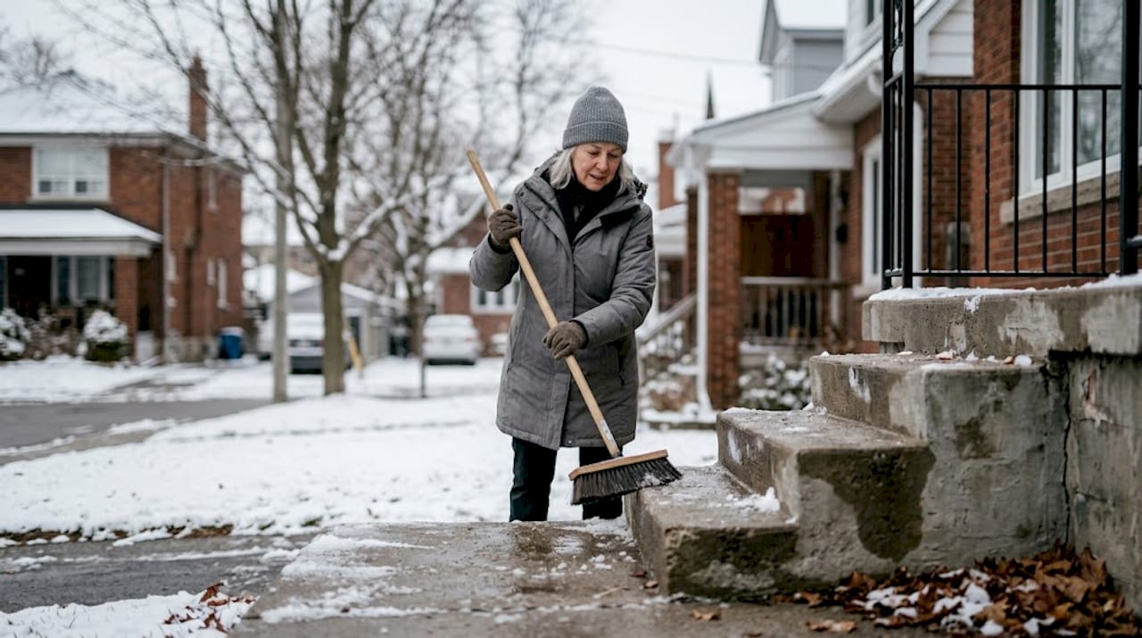房主及时清理防滑台阶上的积雪，保障出行安全。