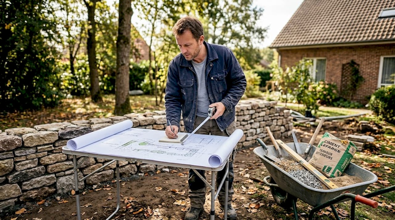 Un homme en train de monter un mur pour délimiter son jardin