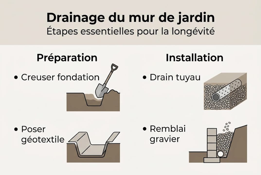 Schéma explicatif : solutions écologiques pour le drainage d’un mur de jardin