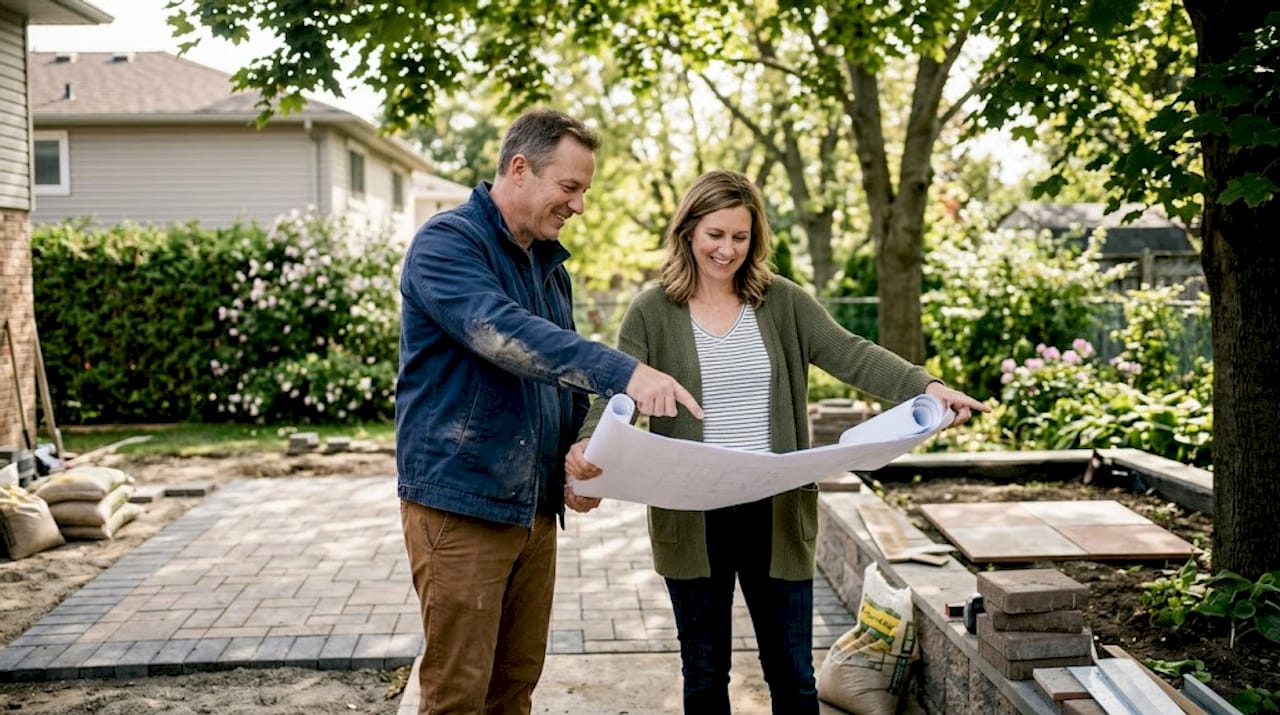 夫妻俩正在计划对自家后院进行地面铺设升级，希望打造一个更加舒适美观的户外空间。