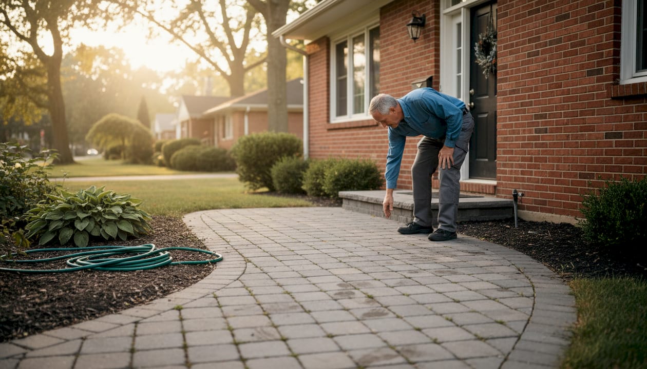 Un propriétaire examine l’état des pavés drainants installés dans l’allée devant sa maison.