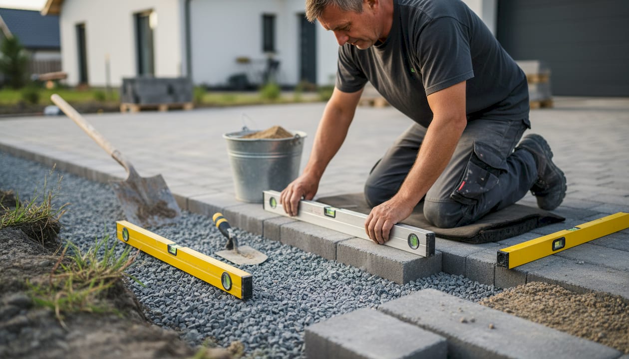 Vue en coupe sur la réalisation d’une allée drainante sur chantier