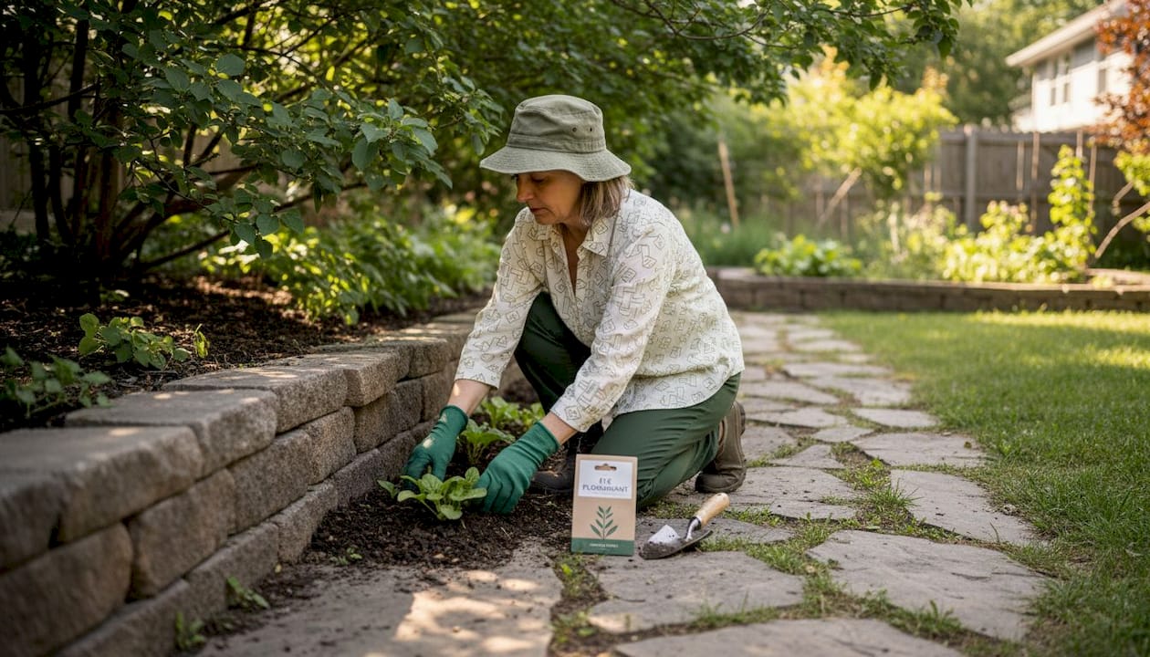 Une femme examine attentivement le mur de soutènement de son jardin.